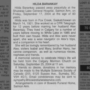 Obituary for HILDA BARANKAY