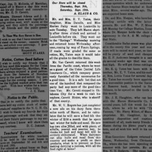 Newspaper article - printed 03 Sep 1915  Van Cavett visits nephew Cavett Binion