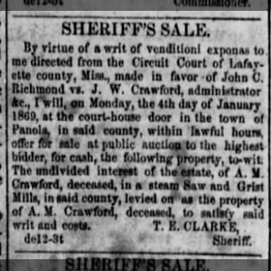 Sheriff's Sale, A.M. Crawford, Steam Saw and Grist Mills