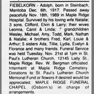 Obituary for  FIEBELKORN - Adolph