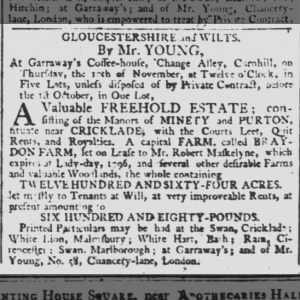 Manor lands, Braydon farm occ. Robt Maskelyne & 1264 acres for sale