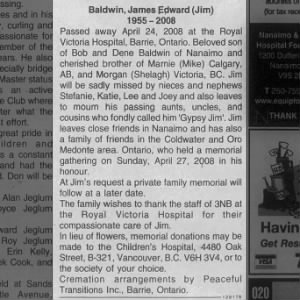 Baldwin, James Edward (Jim) - Obituary -2008