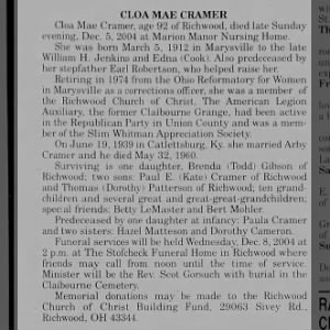 Obituary for CLOA MAE CRAMER