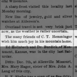 1887 - Kansas - well wishes for C.T. Hemminger and his mountain home