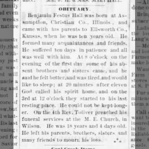 Benjamin Festus Hall Obituary 1888
