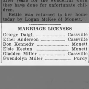 Donald Charles Kennedy and Elsie Lenora Keeton Marriage License
