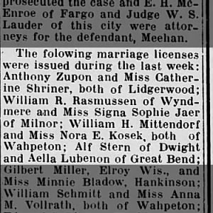 William R. Rasmussen & Signa Sophie Jaer marriage license announcement