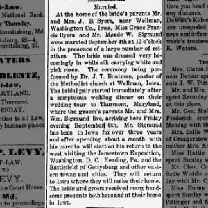 Newspaper clip of Wedding of Meade Weddle Sigmnd and Grace Francis Byers