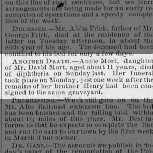 Annie Mort, daughter of Mr David Mort dies of diphtheria