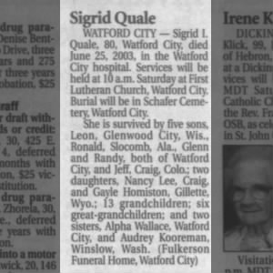 Obituary for Sigrid I. Quale
