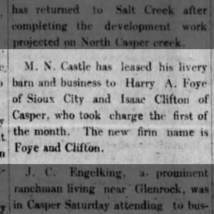 Harry Foye leased Livery
Natrona County Tribune
04 Nov 1914, Wed ·Page 4