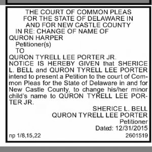 Name Change for Quron Tyrell Lee Porter Jr.