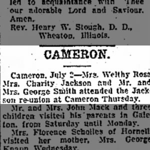 Charity Jackson attended Jackson reunion in Cameron.  5 July 1923 The Evening Tribune, Hornell
