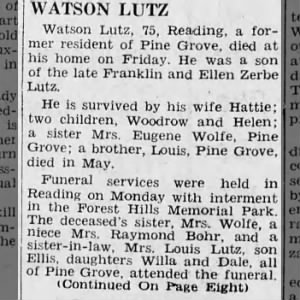 Obituary 12 August 1949 Watson Lutz 