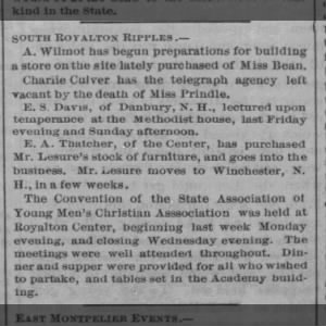 Mr. Lesure of South Royalton VT moves to Winchester, N.H. 