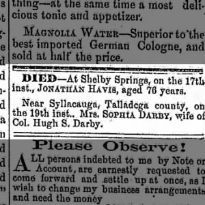 The Shelby Guide, Thu, Feb 25, 1869, Page 2; Died: Mrs. Sophia Darby, wife of Col. Hugh S. Darby