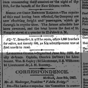1863, June 10 (V. Benedict, 5000 leeches instead of 500) Advertiser and Register, Mobile, p 2