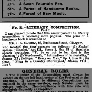 Mr J A Cassels of 62 Buchanan St, Glasgow won Literary competition