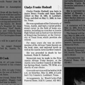 Obituary for Gladys Franks Hudnall