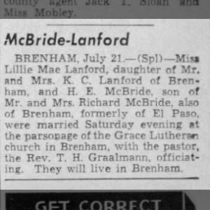 Marriage, H. E. McBride and Lillie M. Lanford, Brenham, TX, 1941