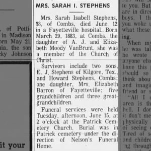 Obituary for Sarah Isabell STEPHENS