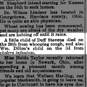 Duff Steven dau died whooping cough on 29, Cambridge Jeffersonian Thur Sept 18, 1884