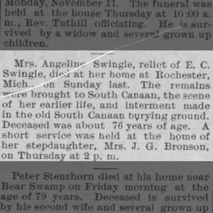 Angeline Swingle Obituary 19 Nov 1907