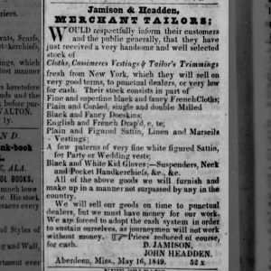 Jamison and Headden - Merchant Tailors Advertisement - June 1850