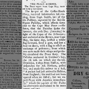 Burlington Gazette (VT) 20 Jan 1815 pg 3 The Peace Rumor