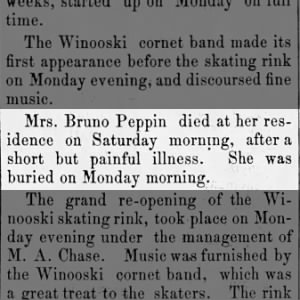 Death notice for Lucy Peppin, wife of Bruno Peppin