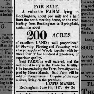 1817 Marsh, Moses 200 acre farm - Vermont Intelligencer - Mon 30 Jun 1817 p4 col 4