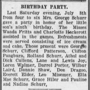 Birthday Party  by Leo Misemer 
The Luray Herald Thu, Jul 13, 1922 Page 1 