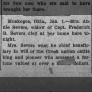 Mrs. Annie Severs dies