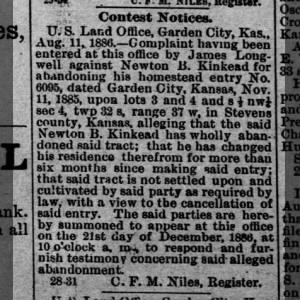 Newton B Kinkead abandons land grant in Kansas in 1886