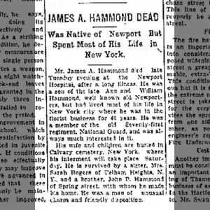 Obituary of James A. Hammond, died 11 January 1927