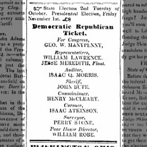 1844 Democratic Republican Ticket, for Congress George W Manypenny, Representatives William Lawrence