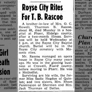 Royse City Rites for Thurman B. Rascoe