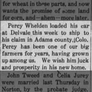 Percy Whelden Leaves for His Claim in Adams County, Colorado
