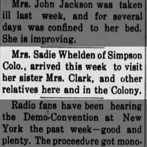 Mrs. Sadie Whelden to Visit Mrs. Clark, Her Sister