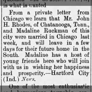 Madaline Ruckman of Hartford City, IN appeared in KS newspaper?