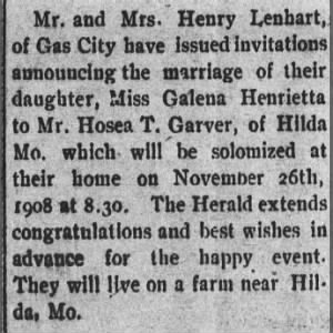 Goldie (Galena Henrietta) to wed Hosea T Garver on 26 Nov 1908