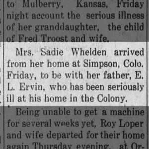 Mrs. Sadie Whelden Visits Her Father, E. L. Ervin