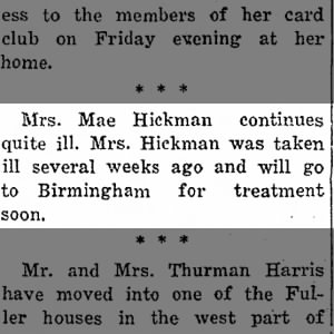 Mai Hickman Remains Ill
1940