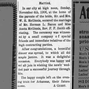 Herman L Bacon and Austa McGinnis marriage announcement