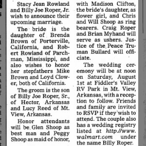 Marriage: Billy Joe Roper Jr. - Stacy Jean Rowland