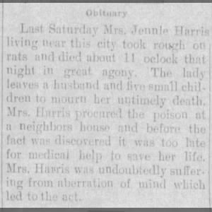 Mrs. Jennie Harris, death from rat poison, 1895, McLouth, KS