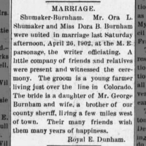 Marriage of Ora L Shumaker and Dora B Burnham