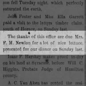 F M Newlon thanked for "a lot of nice lettuce"