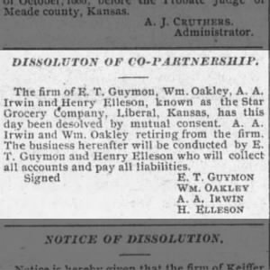 Dissolution of the Liberal, KS Star Grocery Company co-partnership