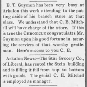 E. T. Guymon opens Star Grocery Store branch in Arkalon, KS (which only existed 1888-1929)